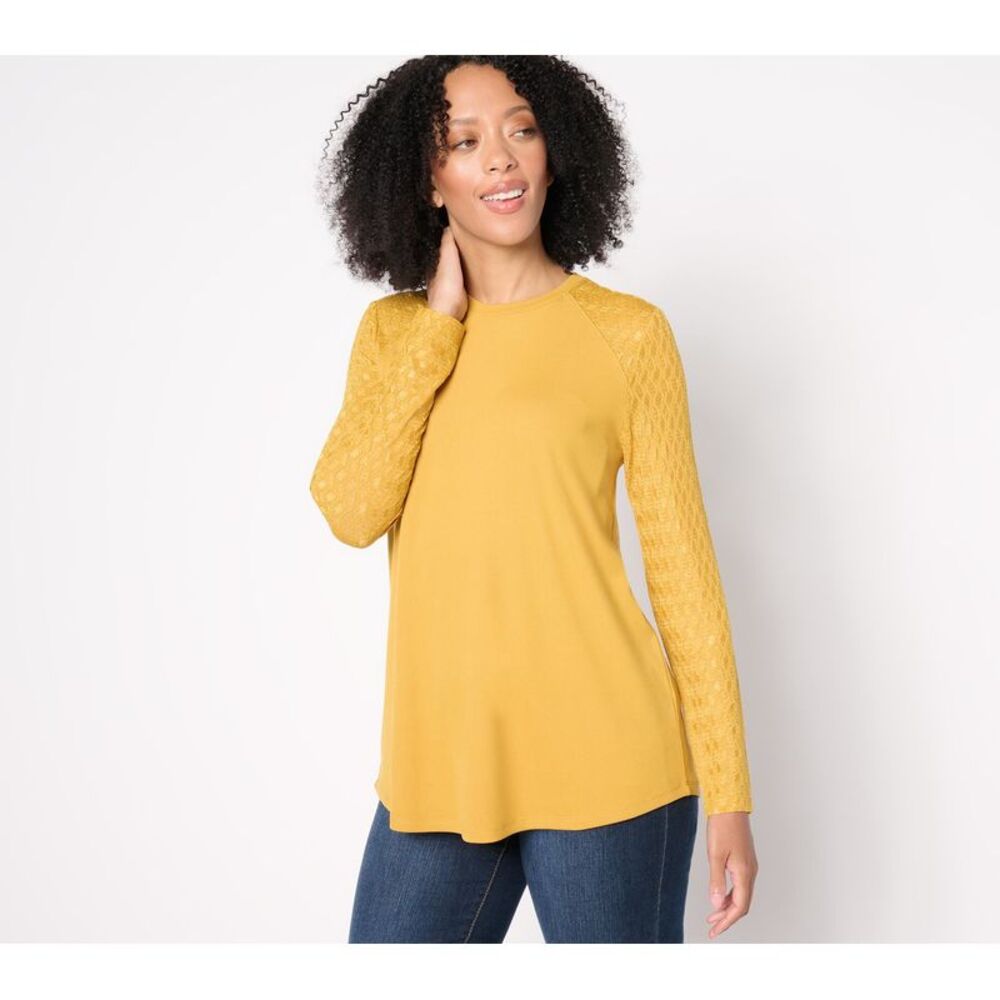 Turbie Twist Women's Top Sz S Long Sleeve Rib Lace Mix Yellow A667537